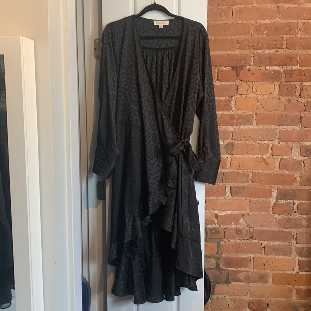 Black cheetah print hi low wrap dress